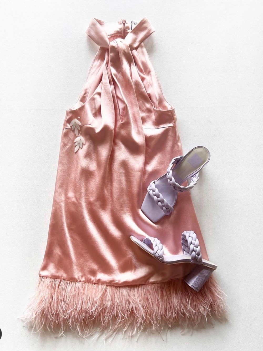 Elliatt Rachel Dress in Peach Satin Feather Hem Halter Dress Size Small